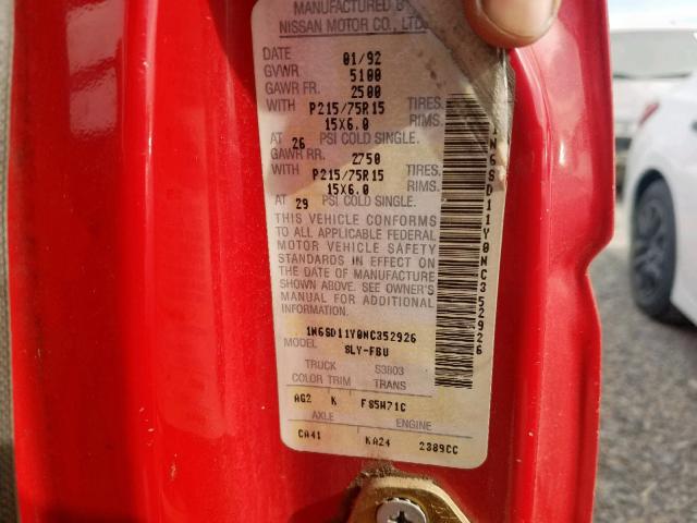 1N6SD11Y0NC352926 - 1992 NISSAN TRUCK SHOR RED photo 10