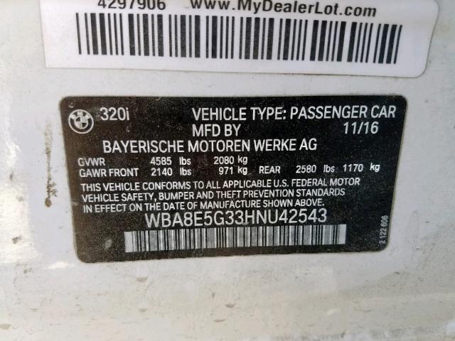 WBA8E5G33HNU42543 - 2017 BMW 320 XI WHITE photo 10