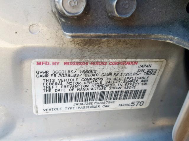 JA3AJ26E73U087942 - 2003 MITSUBISHI LANCER ES SILVER photo 10