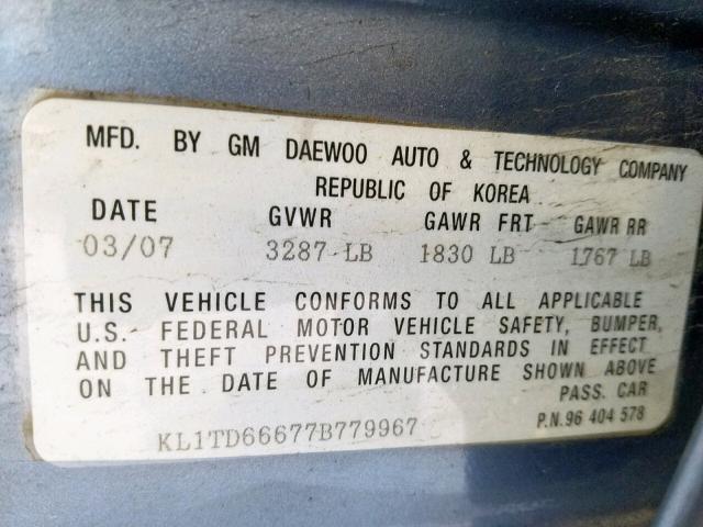 KL1TD66677B779967 - 2007 CHEVROLET AVEO BASE Көк фото 10