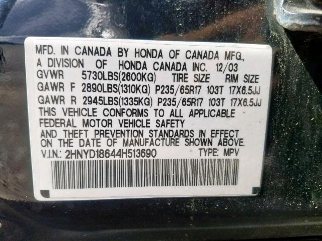 2HNYD18644H513690 - 2004 ACURA MDX TOURIN BLACK photo 10