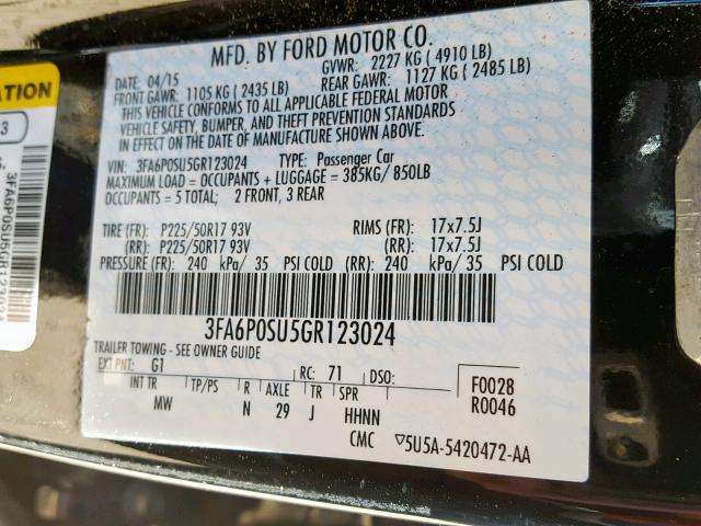 3FA6P0SU5GR123024 - 2016 FORD FUSION TIT BLACK photo 10