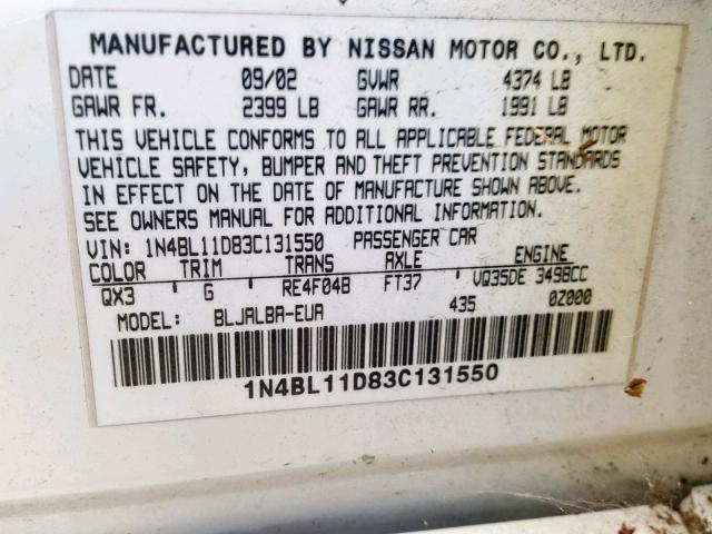 1N4BL11D83C131550 - 2003 NISSAN ALTIMA SE WHITE photo 10