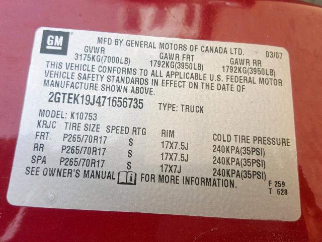 2GTEK19J471656735 - 2007 GMC NEW SIERRA MAROON photo 10