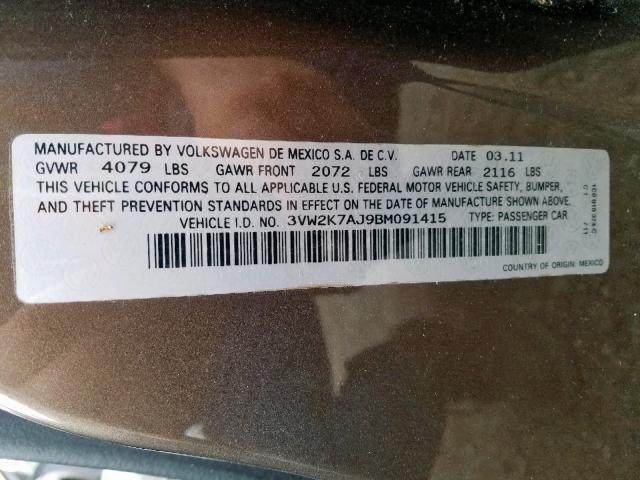 3VW2K7AJ9BM091415 - 2011 VOLKSWAGEN JETTA BASE 棕色 照片 10