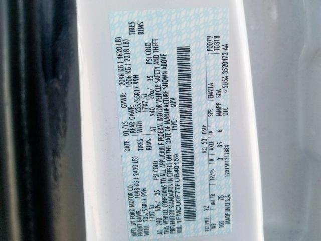 1FMCU0F77FUB40159 - 2015 FORD ESCAPE S WHITE photo 10