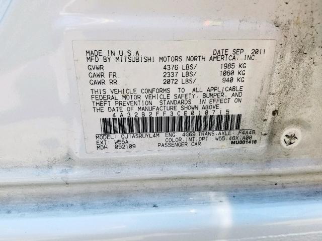 4A32B2FF3CE010715 - 2012 MITSUBISHI GALANT FE WHITE photo 10