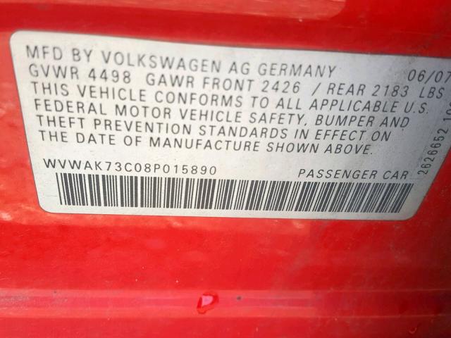 WVWAK73C08P015890 - 2008 VOLKSWAGEN PASSAT KOM RED photo 10