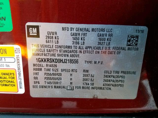 1GKKRSKD0HJ218556 - 2017 GMC ACADIA LIM BURGUNDY photo 10