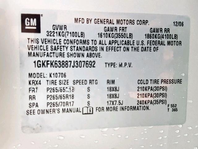 1GKFK63887J307692 - 2007 GMC YUKON DENA SILVER photo 10