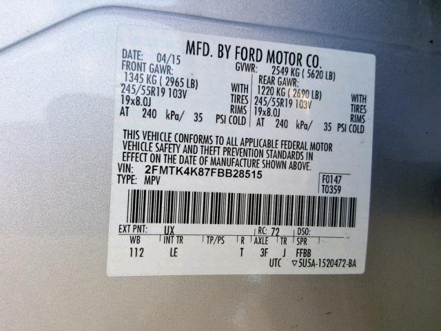 2FMTK4K87FBB28515 - 2015 FORD EDGE TITAN SILVER photo 10