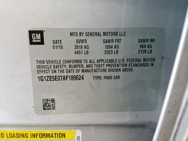 1G1ZE5E07AF189624 - 2010 CHEVROLET MALIBU LTZ ნაცრისფერი ფოტო 10