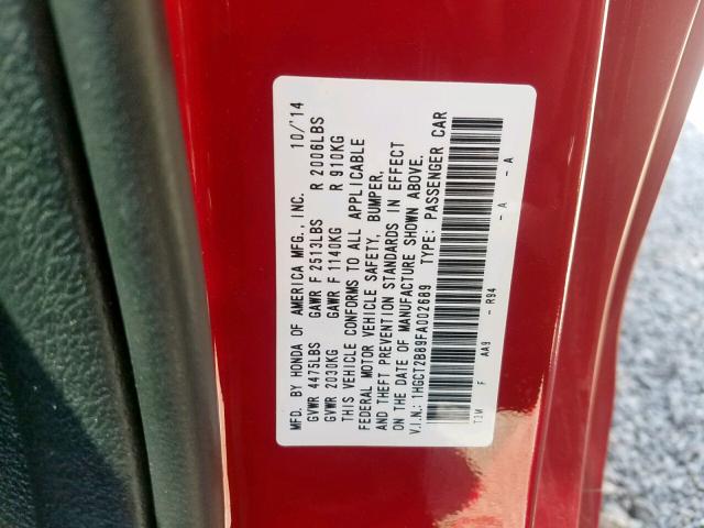 1HGCT2B89FA002689 - 2015 HONDA ACCORD EXL RED photo 10