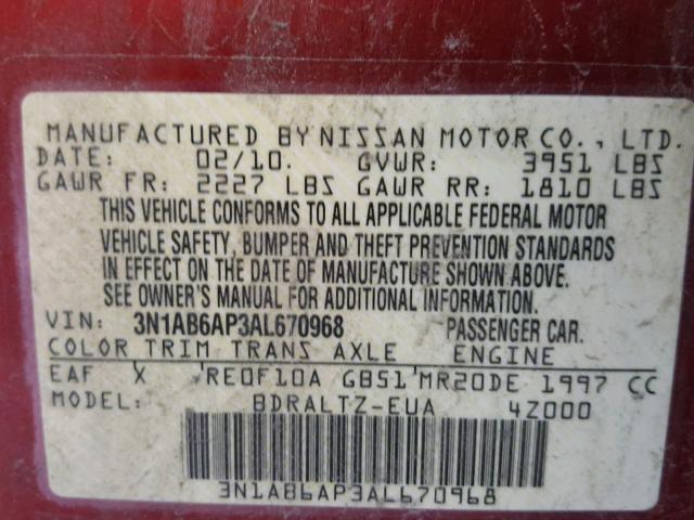 3N1AB6AP3AL670968 - 2010 NISSAN SENTRA 2.0 RED photo 10