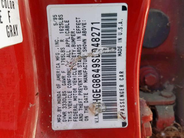 1HGEG8649SL048271 - 1995 HONDA CIVIC DX RED photo 10