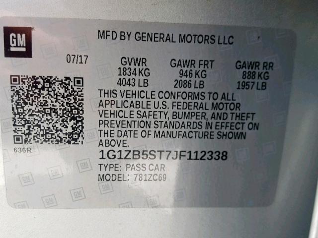 1G1ZB5ST7JF112338 - 2018 CHEVROLET MALIBU LS SILVER photo 10