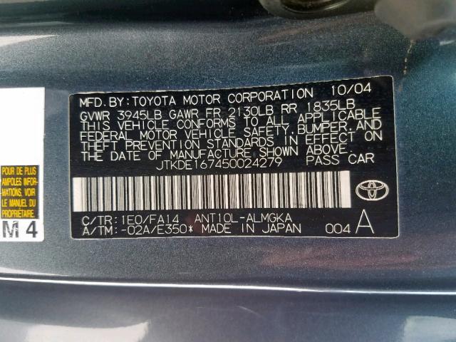 JTKDE167450024279 - 2005 TOYOTA SCION TC გრაფიტი ფოტო 10