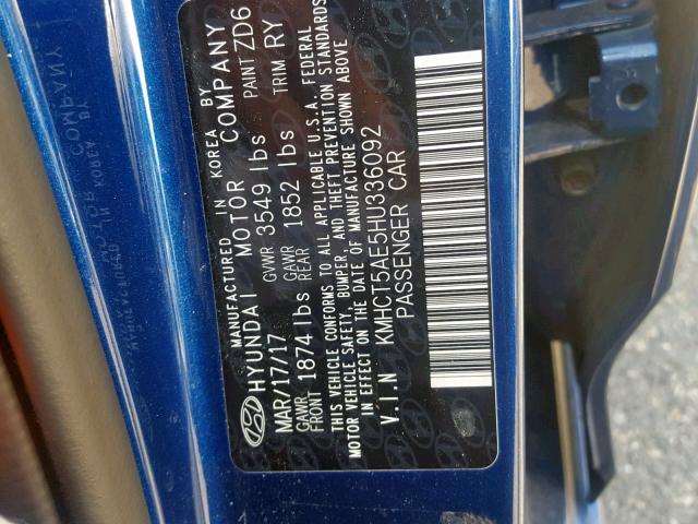 KMHCT5AE5HU336092 - 2017 HYUNDAI ACCENT SE BLUE photo 10