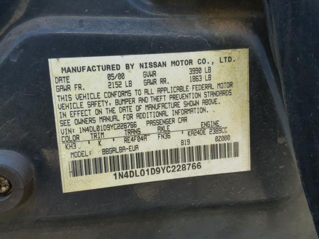 1N4DL01D9YC228766 - 2000 NISSAN ALTIMA XE BLACK photo 10