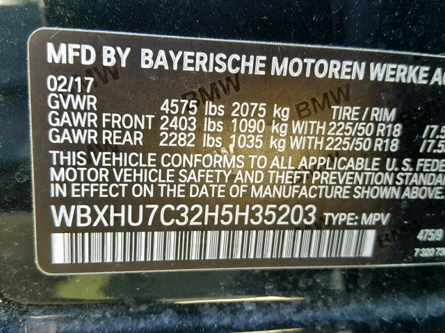 WBXHU7C32H5H35203 - 2017 BMW X1 SDRIVE2 BLACK photo 10