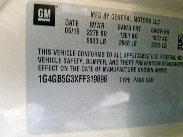 1G4GB5G3XFF319896 - 2015 BUICK LACROSSE CREAM photo 10