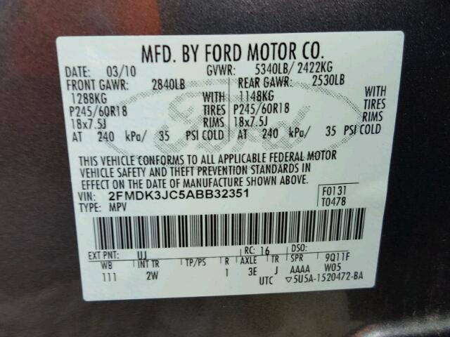 2FMDK3JC5ABB32351 - 2010 FORD EDGE SEL GRAY photo 10