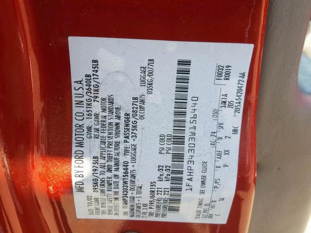 1FAHP34303W156440 - 2003 FORD FOCUS SE C RED photo 10