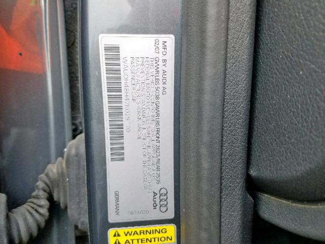 WAUDH48H47K029170 - 2007 AUDI A4 3.2 CAB GRAY photo 10