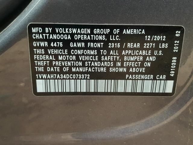 1VWAH7A34DC073372 - 2013 VOLKSWAGEN PASSAT S GRAY photo 10