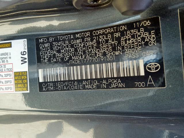 JTKDE177770191351 - 2007 TOYOTA SCION TC ნაცრისფერი ფოტო 10