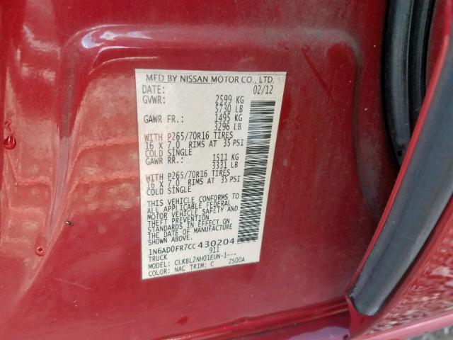 1N6AD0FR7CC430204 - 2012 NISSAN FRONTIER S RED photo 10