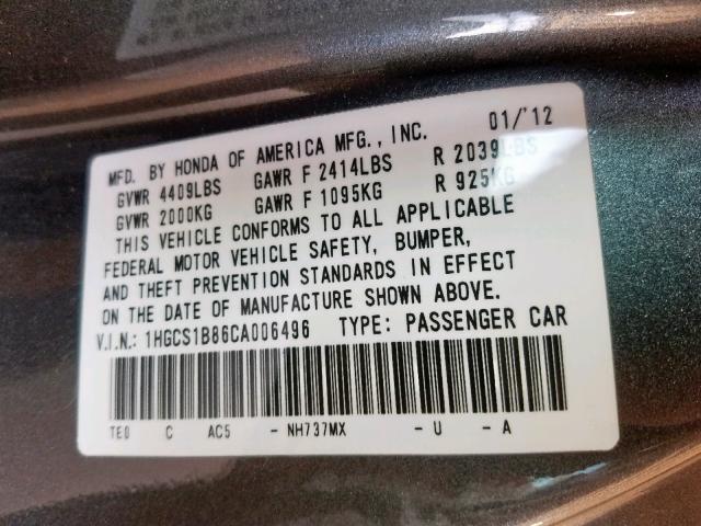 1HGCS1B86CA006496 - 2012 HONDA ACCORD EXL GRAY photo 10