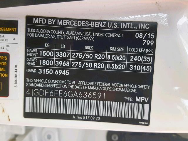 4JGDF6EE6GA636591 - 2016 MERCEDES-BENZ GL 450 4MA WHITE photo 10