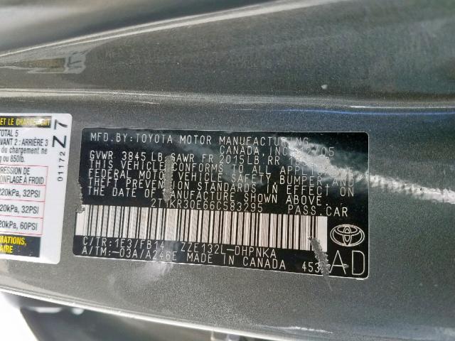 2T1KR30E66C583295 - 2006 TOYOTA COROLLA MA CHARCOAL photo 10