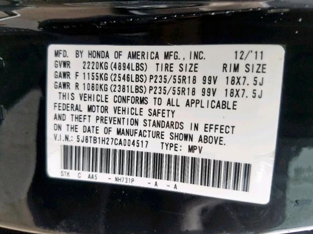 5J8TB1H27CA004517 - 2012 ACURA RDX BLACK photo 10