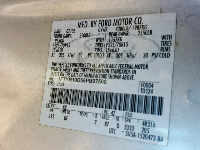 1FTYR10D55PB07500 - 2005 FORD RANGER SILVER photo 10