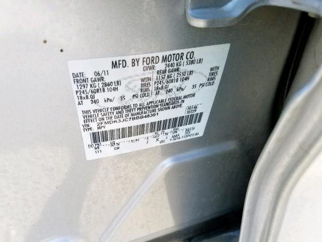 2FMDK3JC7BBB48391 - 2011 FORD EDGE SEL SILVER photo 10