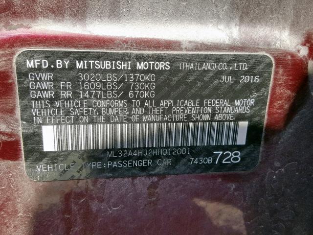 ML32A4HJ2HH012001 - 2017 MITSUBISHI MIRAGE SE PURPLE photo 10