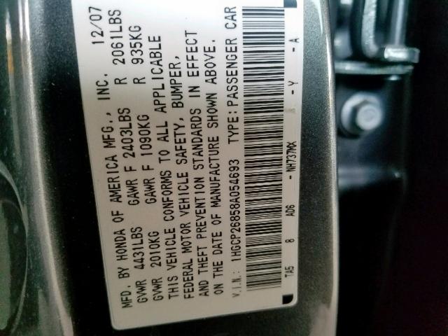 1HGCP26858A054693 - 2008 HONDA ACCORD EXL GRAY photo 10