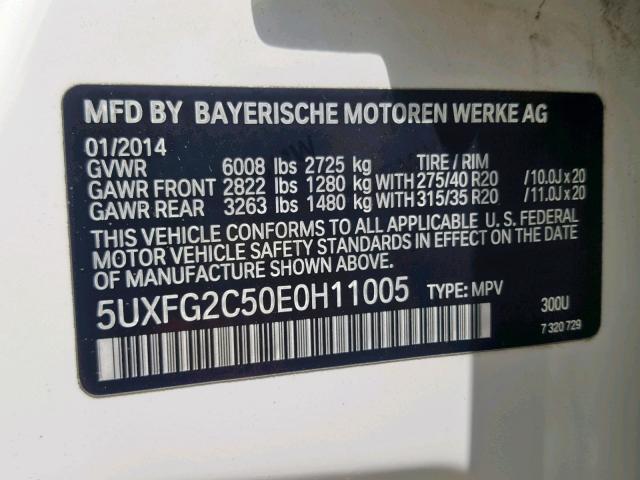 5UXFG2C50E0H11005 - 2014 BMW X6 XDRIVE3 WHITE photo 10