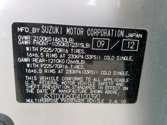 JS3TD0D60D4100390 - 2013 SUZUKI GRAND VITA SILVER photo 10