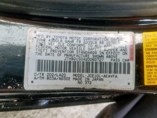 JTHBD192420060727 - 2002 LEXUS IS 300 BLACK photo 10