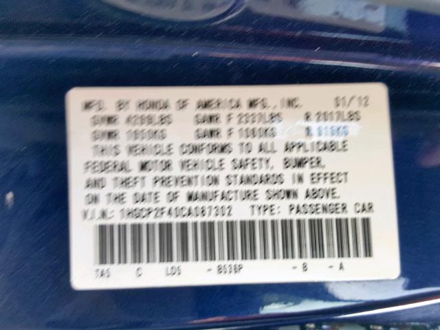 1HGCP2F40CA087302 - 2012 HONDA ACCORD LXP BLUE photo 10