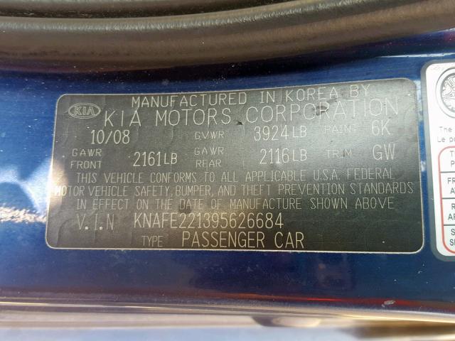 KNAFE221395626684 - 2009 KIA SPECTRA EX BLUE photo 10