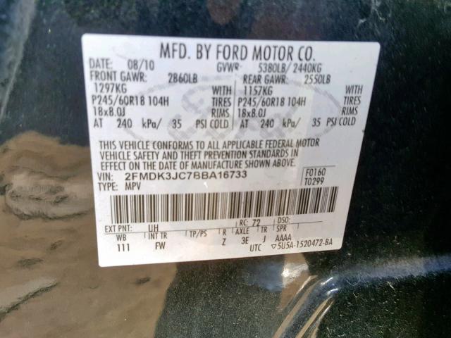 2FMDK3JC7BBA16733 - 2011 FORD EDGE SEL BLACK photo 10