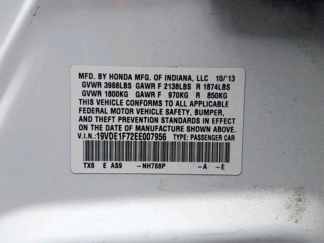 19VDE1F72EE007956 - 2014 ACURA ILX 20 TEC WHITE photo 10