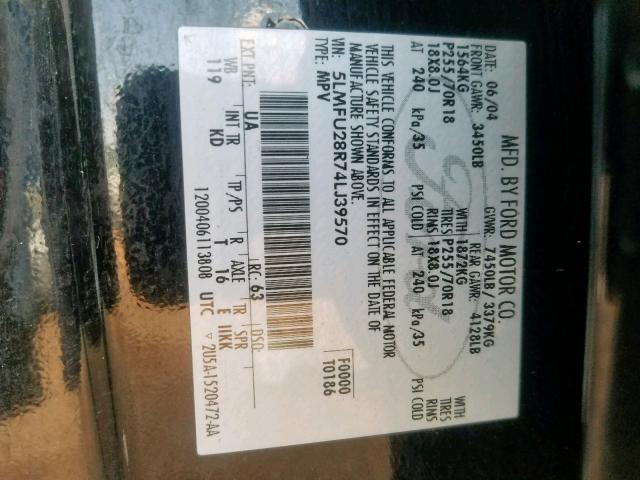 5LMFU28R74LJ39570 - 2004 LINCOLN NAVIGATOR შავი ფოტო 10