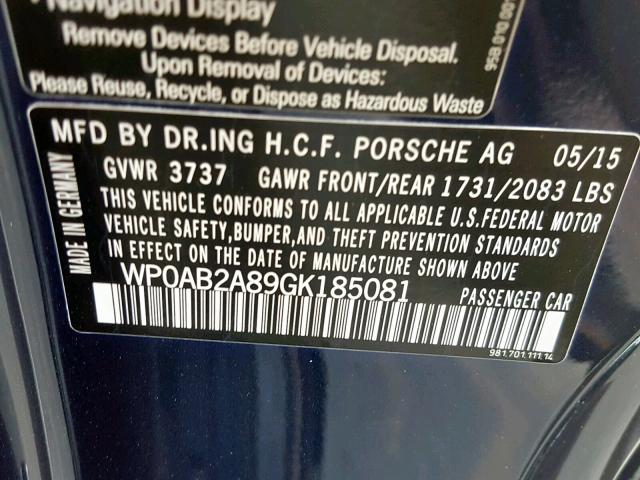 WP0AB2A89GK185081 - 2016 PORSCHE CAYMAN S BLUE photo 10