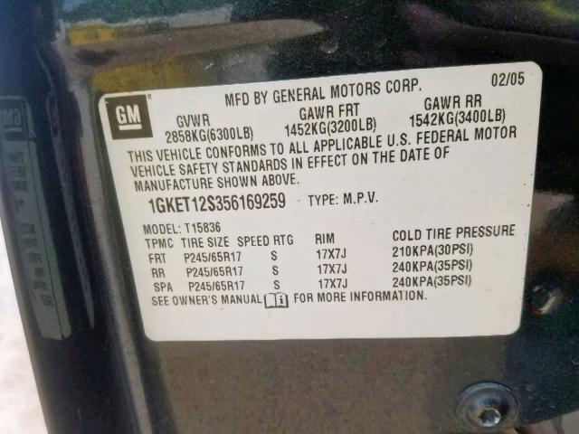 1GKET12S356169259 - 2005 GMC ENVOY XUV CHARCOAL photo 10