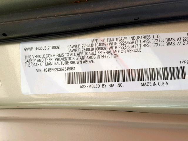 4S4BP62C367345081 - 2006 SUBARU LEGACY OUT BEIGE photo 10